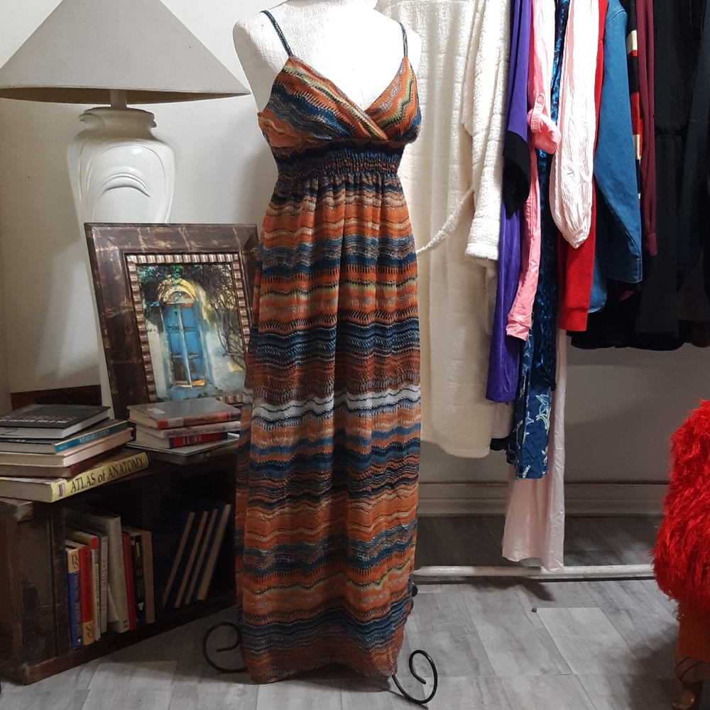 Womens Summer Dress Sz Med  Boho Long Strap Maxi b29 Multi Colored Lounge Relax